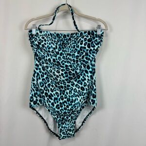 Jantzen Women’s M One Piece Halter / Strapless Swimsuit Blue Black Cheetah Print